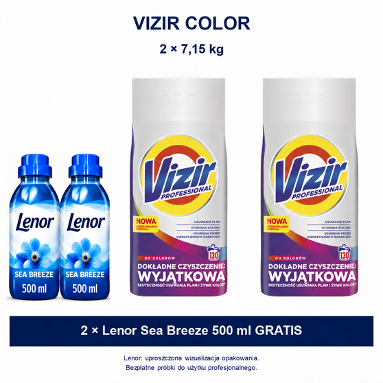 Vizir Color 2 × 7,15 kg oraz 2 × Lenor 500 ml — wizualizacja zestawu